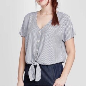 Universal Thread gray/blue and White Striped Button-Down Tie Top shirt blouse